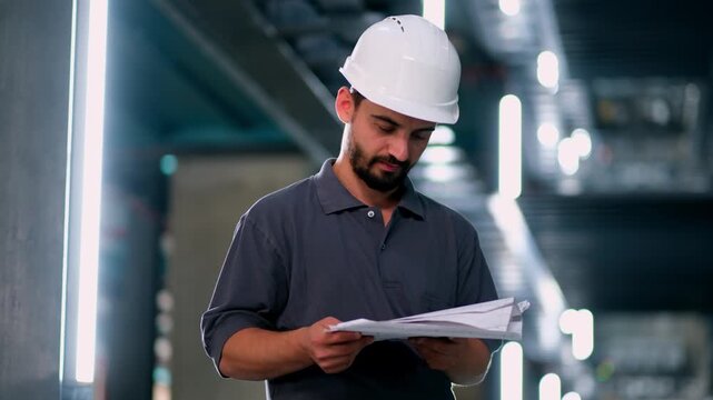 Helmeted engineer holding project documents and looking up inside a smart parking facility, inspecting automated parking systems and supervising modern garage operations with a focused professional pr
