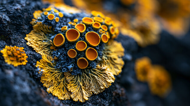 Crustose lichen colony spreading across granite boulder face, xanthoria parietina thallus and apothecia fruiting bodies in extreme closeup, mineral substrate texture merging with organism, ecologica