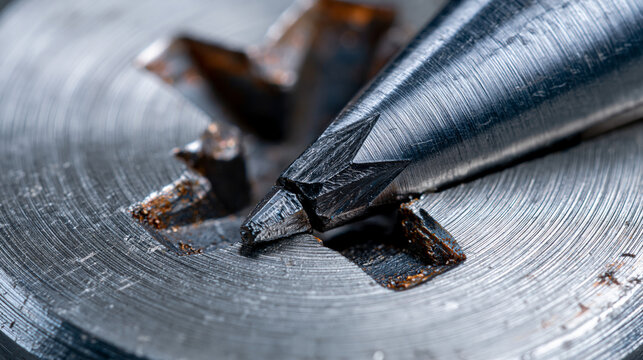 Crosshead screwdriver tip photographed in extreme macro against brushed aluminum fastener head, hardened steel Robertson intersection showing manufacturing tolerance gaps, chrome-vanadium alloy surf