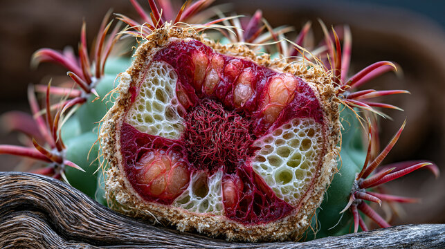 Ferocactus barrel cactus halved on horizontal plane showing internal parenchyma water storage tissue and central vascular strand, succulent anatomy macro for desert plant science botanical illustrat
