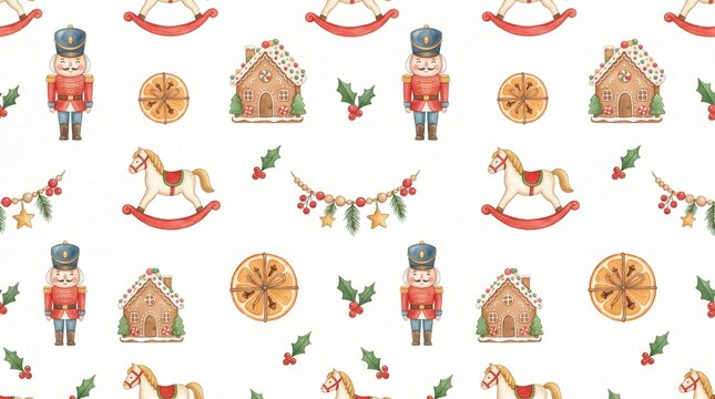 Vintage Christmas seamless vector pattern with traditional toys holly berries garland for holiday wrapping paper design. Watercolor style seamless holiday background with cute nutcracker character 