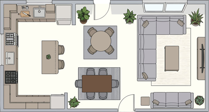 Top down floor plan of an open concept home featuring kitchen dining area and living room layout