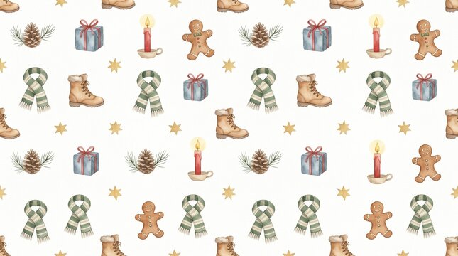 Cute watercolor Christmas seamless pattern with gingerbread man, cozy scarf, boots, gift box, and candle for holiday wrapping paper. Hand drawn winter seamless background with Christmas gifts