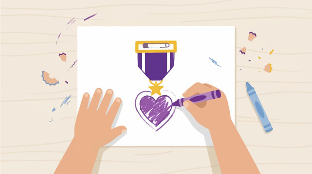 A sweet flat design illustration of a child drawing a Purple Heart medal with crayons, symbolizing innocent gratitude and remembrance. This minimalist 2D vector shows respect from a new generation.