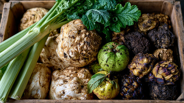 Gnarled celeriac roots, loose cardoons, knobby quince fruits, and muddied sunchokes piled in a weathered wooden market crate, overhead aerial with raking autumn warehouse light emphasizing soil-dust
