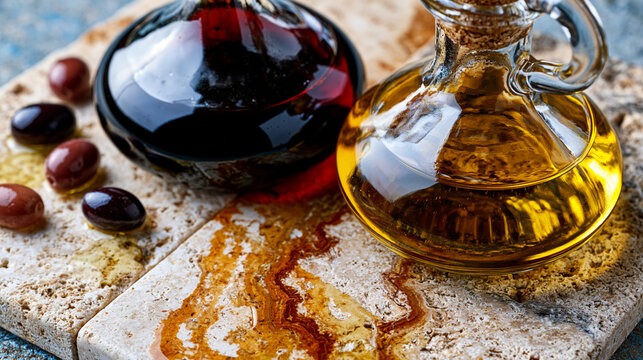 Hand-blown glass cruets of aged sherry vinegar and cold-pressed arbequina olive oil on weathered travertine, condensation rings and drip streaks marking the stone surface, overhead flatlay for gourm