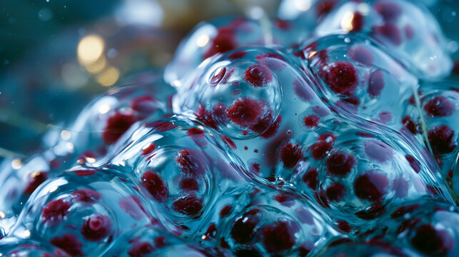 Frog spawn mass floating in freshwater pond, rana temporaria or bufo bufo gelatinous egg matrix macro, individual embryo visible within translucent jelly capsule at gastrulation stage, amphibian rep