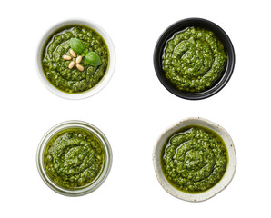 Obraz premium Fresh Basil Pesto Sauce in Four Bowls, Top View