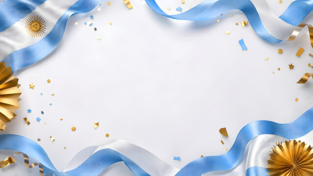 Argentine flag ribbons with gold confetti on festive white background
