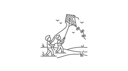 Fototapeta premium Two kids flying kite in nature landscape line art
