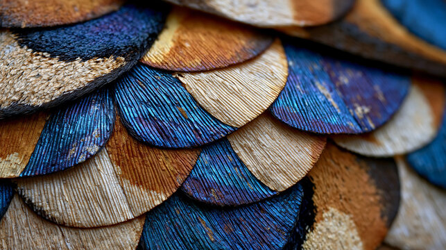 Lepidoptera moth wing scale arrangement under epi-illumination, overlapping chitinous scales in roof tile pattern, each scale surface bearing longitudinal ridges creating structural coloration throu