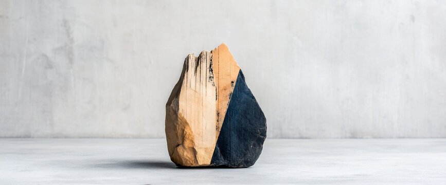 Abstract wooden sculpture with natural and painted surface on a neutral background