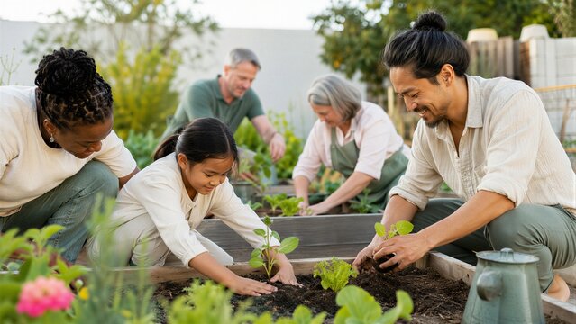 Asian man planting seedlings in a raised garden bed with a black woman, young girl and older couple. Earth day community gardening concept