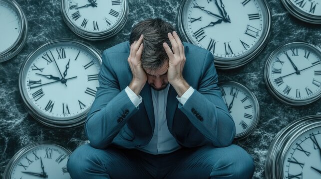 Overemployed and overworked employee struggling to poor time management. Exhaustion, and depression