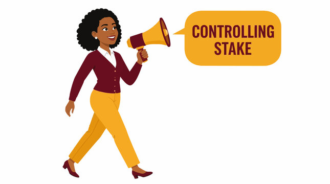 Businesswoman holding megaphone with controlling stake text.