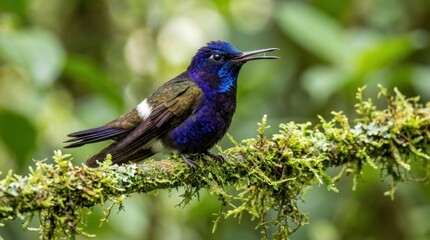 Fototapeta premium Male velvet purple coronet hummingbird perching on a mossy branch