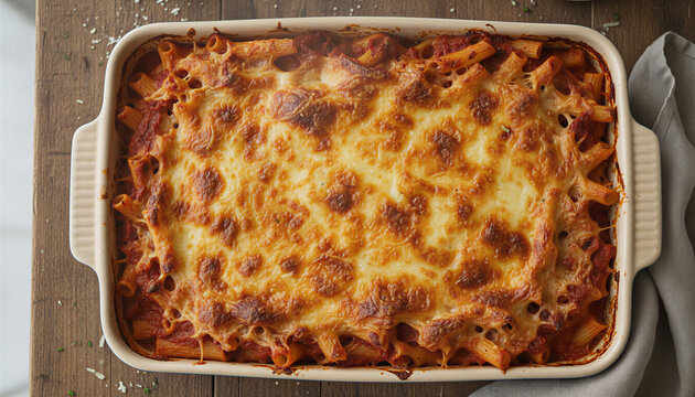 Baked ziti with melted cheese on a rustic wooden table