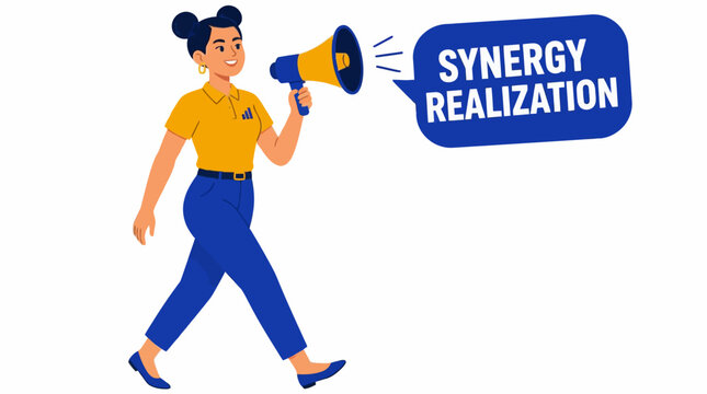 Woman holding megaphone with synergy realization text.
