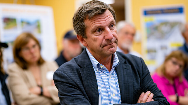 Stressed property developer facing hostile room of longtime residents at community input meeting, rezoning proposal poster visible, community members arms crossed, municipal hall setting, developmen