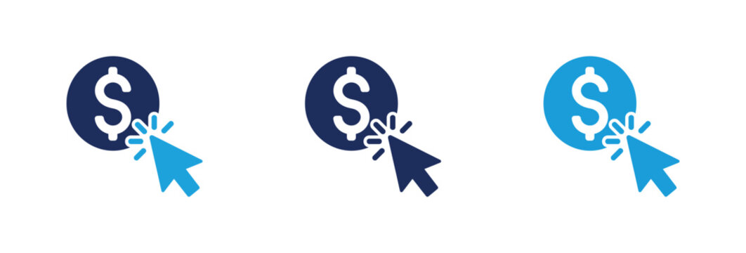 Pay Per Click Online Advertising Icon Set with Mouse Cursor Clicking Dollar Sign.