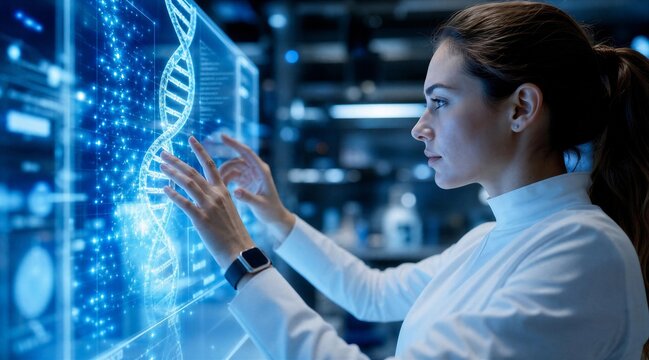 Focused Scientist Interacting with Holographic DNA Interface
