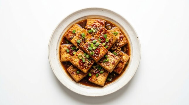Dubu jorim braised tofu isolated on a white background layout