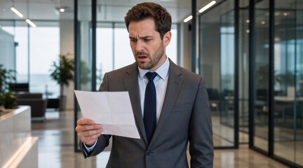 Fototapeta premium Worried Businessman Reading Bad News on Document in Modern Office