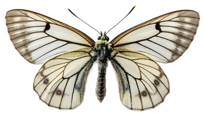 Obraz premium Stunning closeup of a butterfly with intricately patterned wings displaying shades of white and hints of gray isolated on transparent background