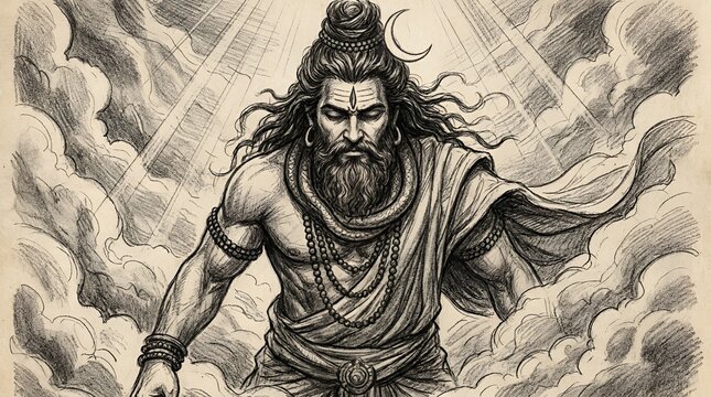 Lord Shiva Pencil Sketch Portrait with Cobra and Crescent Moon on Vintage Background