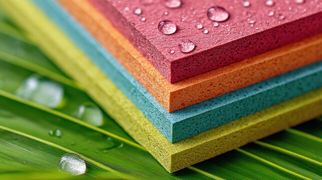 Colorful foam sheets with water droplets on green leaf background create fresh gen z workplace aesthetic vibe