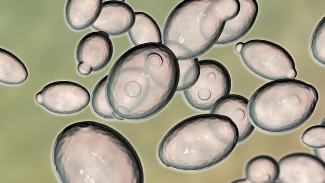 Saccharomyces yeast cells, 3D animation showing slowly rotating budding cells, illustrating probiotic yeast and beneficial microflora used in biotechnology and gut health.