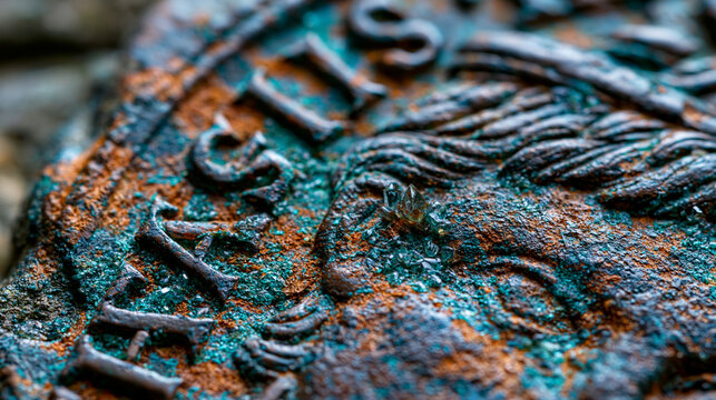 Ancient Roman bronze sestertius coin surface, engraved imperial portrait relief worn to high relief by centuries of circulation, crystalline verdigris patina filling letter incisions of Latin legend