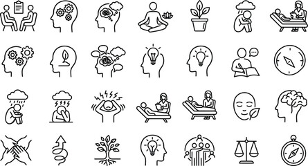Fototapeta premium Mental wellness line icons therapy mindfulness and emotional health concepts