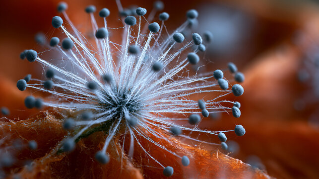 Aspergillus mold colony macro surface on aged citrus rind, radiating conidiophore structure and spore chain detail in extreme closeup, mycology decay transformation texture, natural decomposition sc