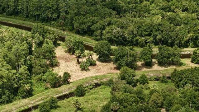 Aerial view of a narrow canal winding through dense subtropical vegetation, lush green trees, and patches of cleared land in the Florida countryside, Ave Maria, Florida, United States.