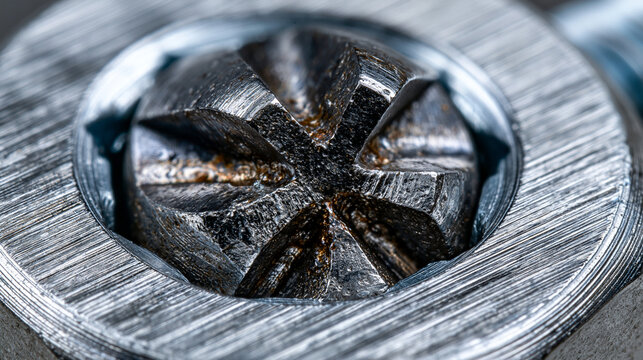 Crosshead screwdriver tip photographed in extreme macro against brushed aluminum fastener head, hardened steel Robertson intersection showing manufacturing tolerance gaps, chrome-vanadium alloy surf