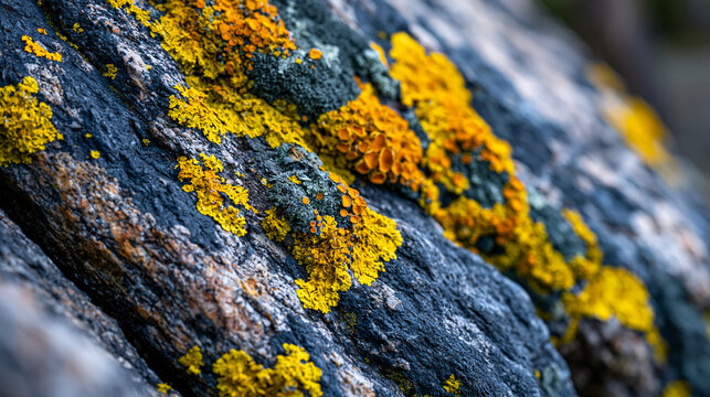 Crustose lichen colony spreading across granite boulder face, xanthoria parietina thallus and apothecia fruiting bodies in extreme closeup, mineral substrate texture merging with organism, ecologica