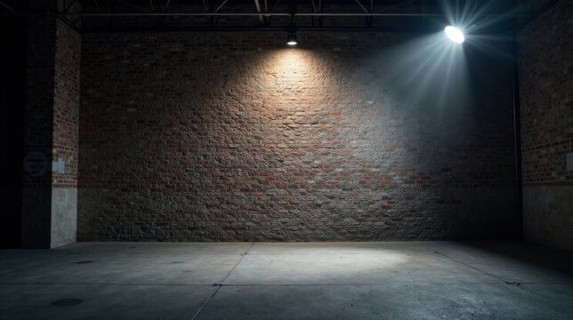 Illuminated Brick Wall Interior Space with Concrete Floor and Subtle Lighting Effects
