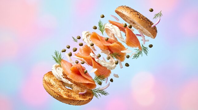 Delicious bagel with smoked salmon cream cheese and capers flying