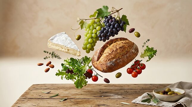 A variety of food items floating above a wooden table with bread cheese and fruits
