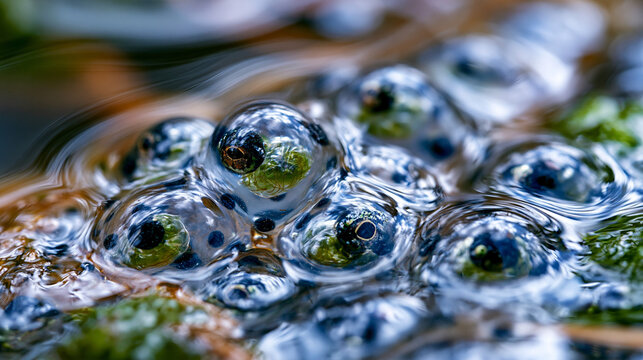 Frog spawn mass floating in freshwater pond, rana temporaria or bufo bufo gelatinous egg matrix macro, individual embryo visible within translucent jelly capsule at gastrulation stage, amphibian rep