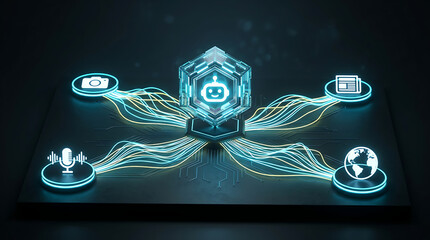 Fototapeta premium An AI agent workflow system connects to global networks through various nodes on a digital interface board.
