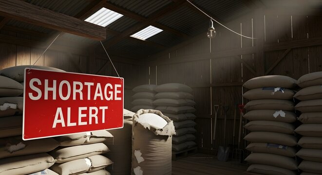 A storage facility with sacks of grain displaying a Shortage Alert sign for the concept of scarcity and supply chain issues.