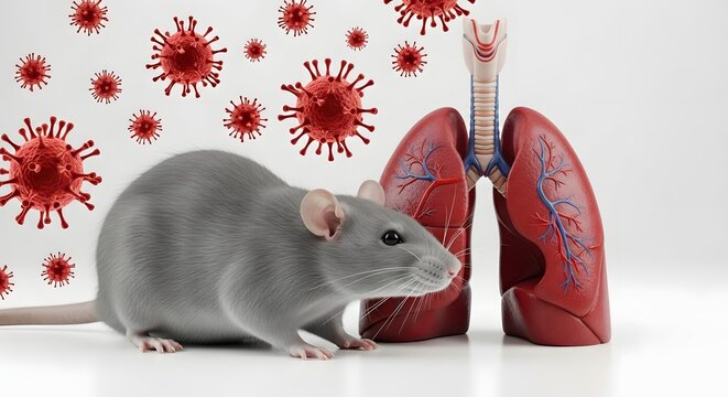 A rat next to a model of human lungs surrounded by coronavirus particles, symbolizing disease research and health concerns.