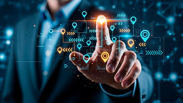 A man in a suit touching a digital interface, representing innovation and technology.