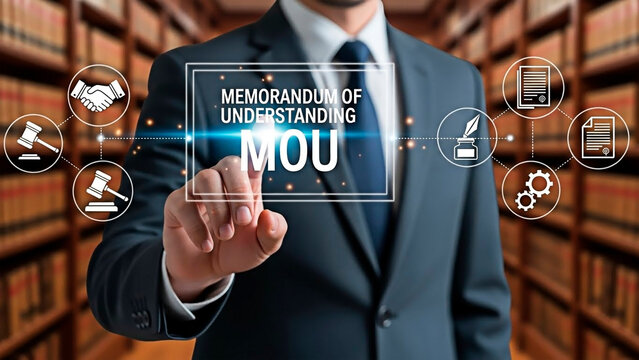 A businessman touching a virtual screen displaying Memorandum of Understanding MOU for the concept of business agreement and contract.