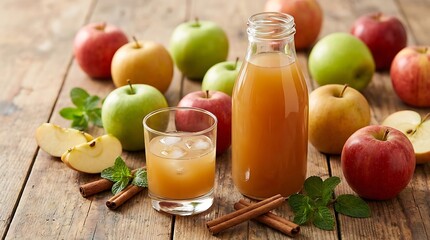 Fresh apple juice in a glass bottle and cup with cinnamon sticks and ripe apples on a wooden table. Apple cider variations