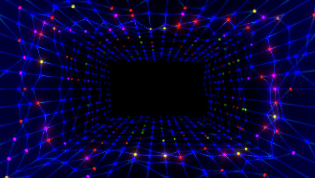 Vibrant blue digital tunnel formed by interconnected glowing nodes and lines, creating a futuristic network environment with depth, perspective, and immersive technology background.