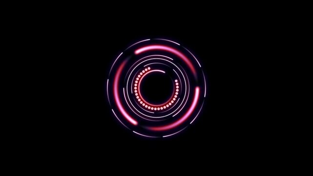 Image photo animation updates red circular HUD tracking systems. Matrix image photo animation blinks white dot cores. Tech image photo animation loops critical system alert displays.
