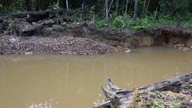 Static shot of an abandoned artisanal gold mining site with muddy water and eroded riverbank in the tropical rainforest near Cacao, French Guiana.